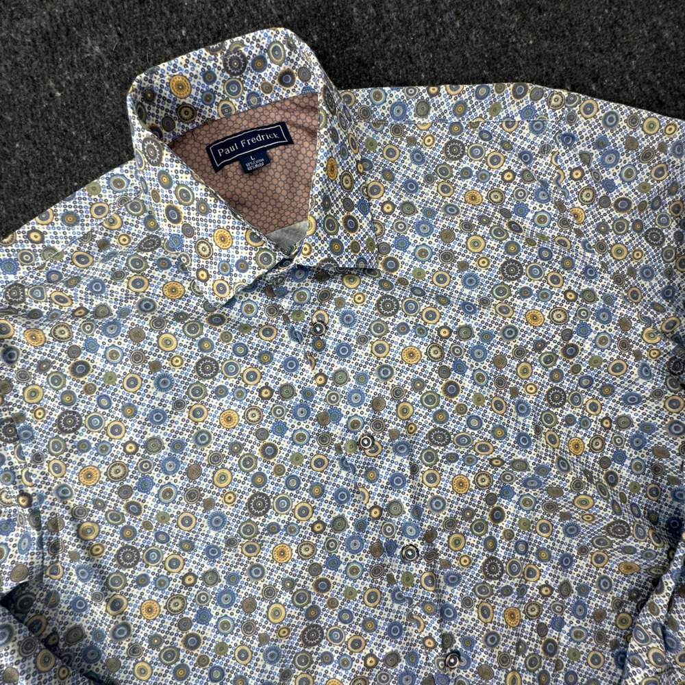Paul Fredrick Button Front Shirt Mens L Blue Geometric Mandala Print Long Sleeve